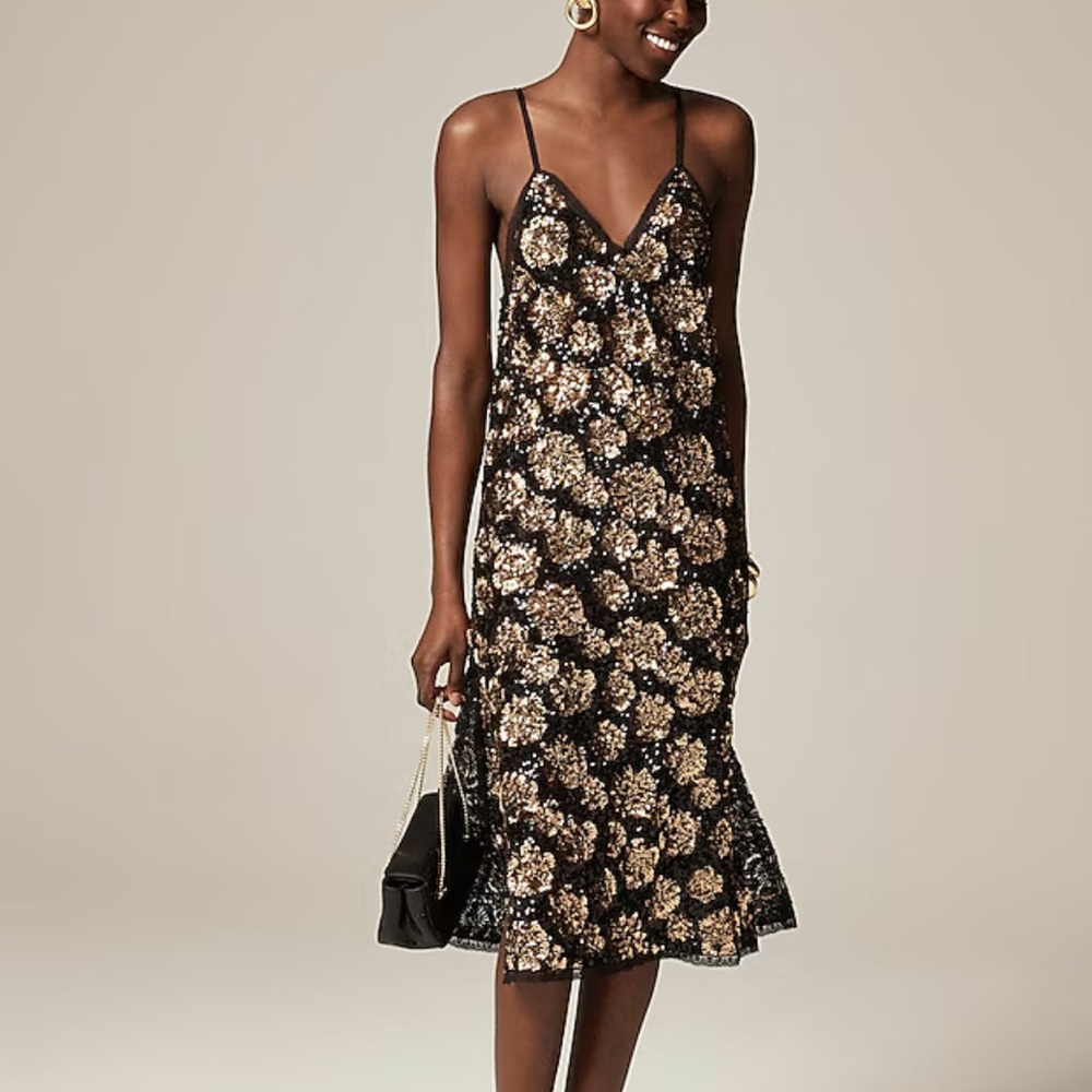 J. Crew Black and Gold Sequin Midi Dress
